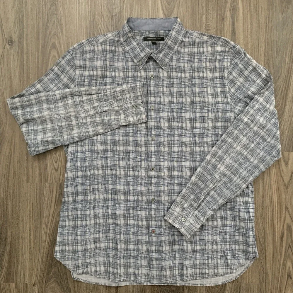 John Varvatos USA Button Shirt Men XL Blue Gray Plaid Cotton Stretch Casual Thin - Picture 2 of 7